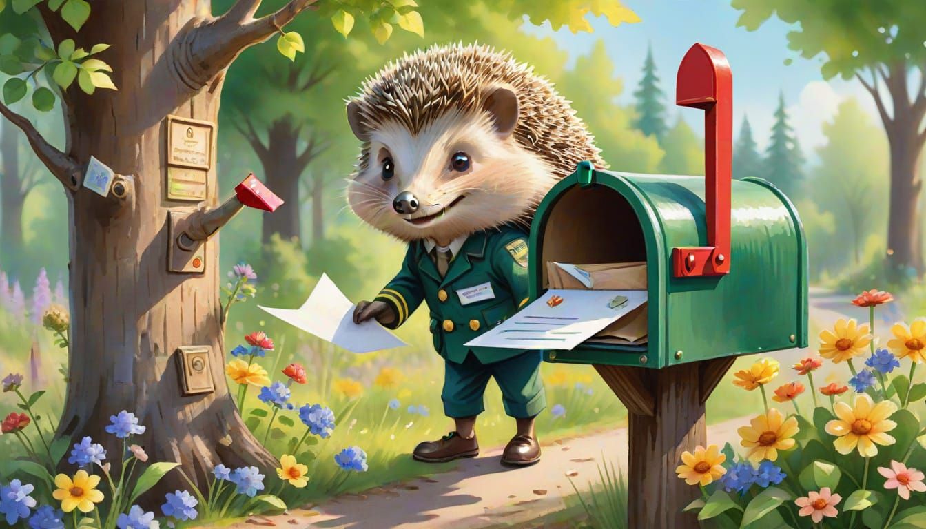 Hedgehog Postman Delivers Mail: Whimsical Watercolor Illustr...