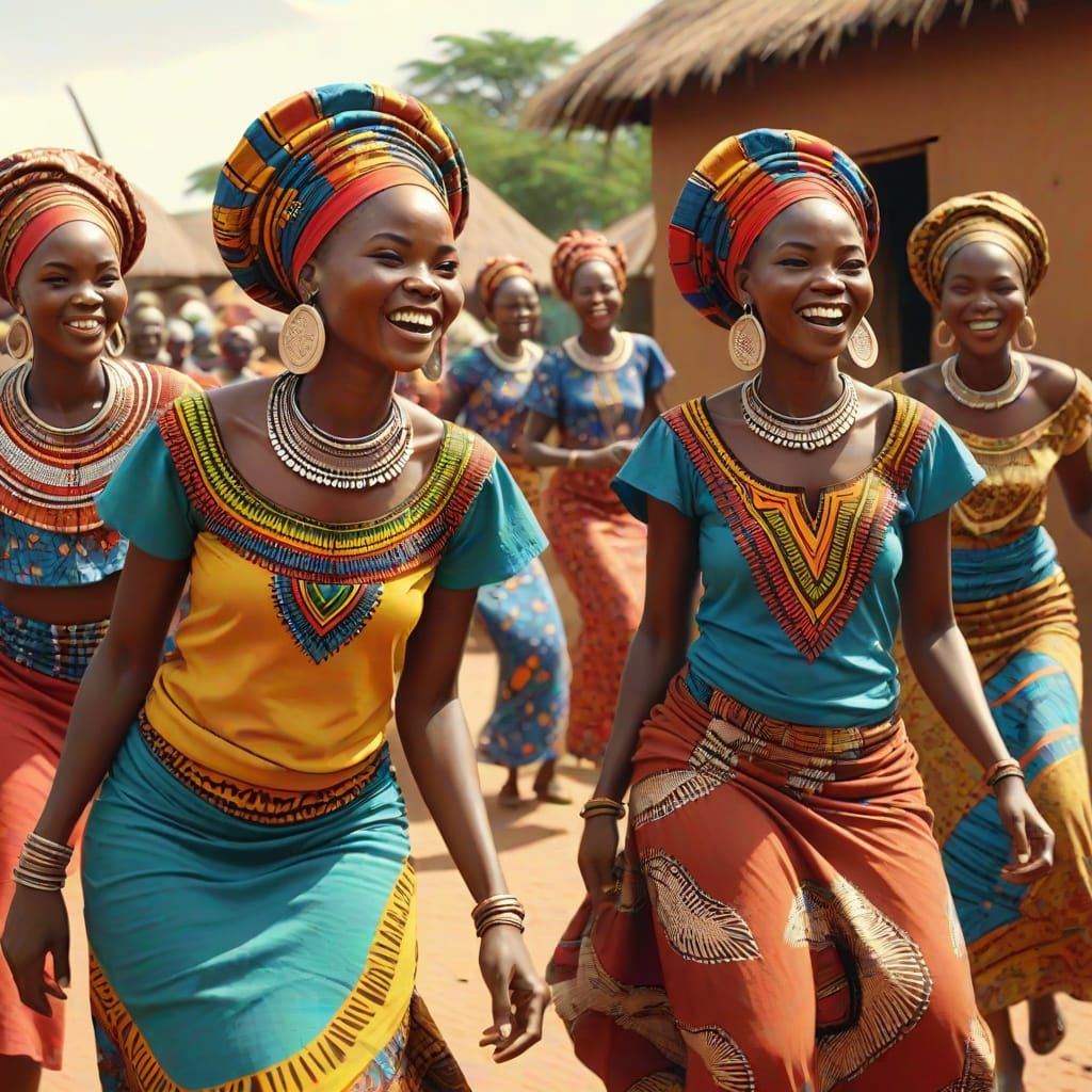 Vibrant African Village Art with Dancing Ladies