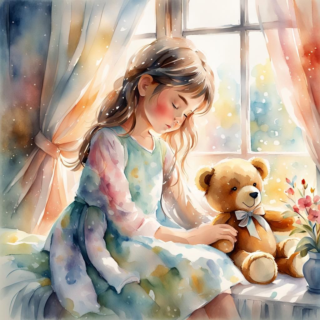 Girl and Teddy Bear in Whimsical Watercolor