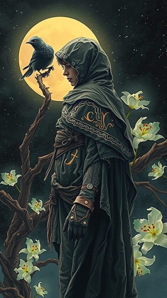 Mysterious Hooded Figure with Bird in Ethereal Landscape