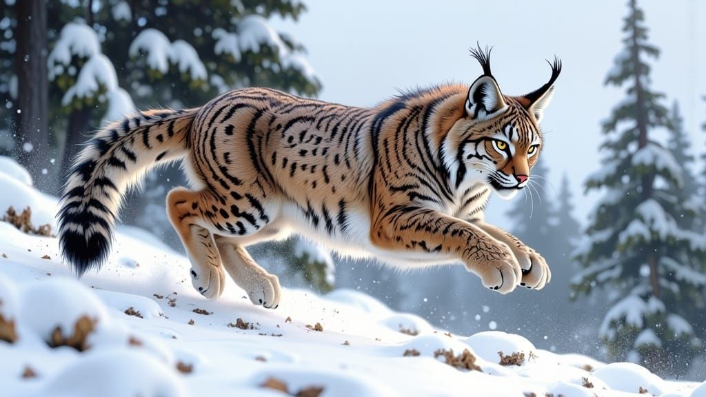 Lynx Leaping Through Snowy Forest: Digital Art