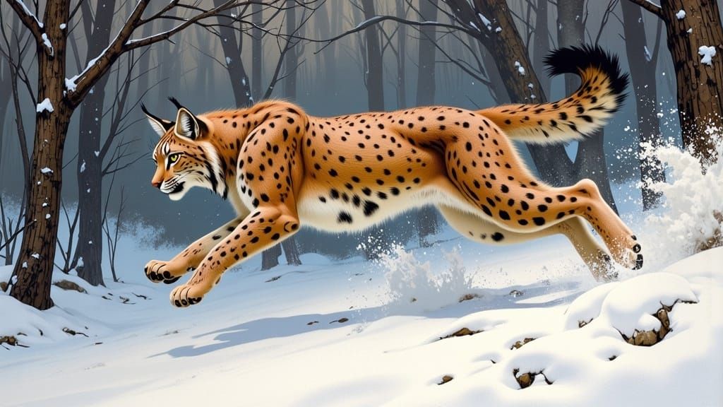 Lynx Leaping Through Snowy Wilderness