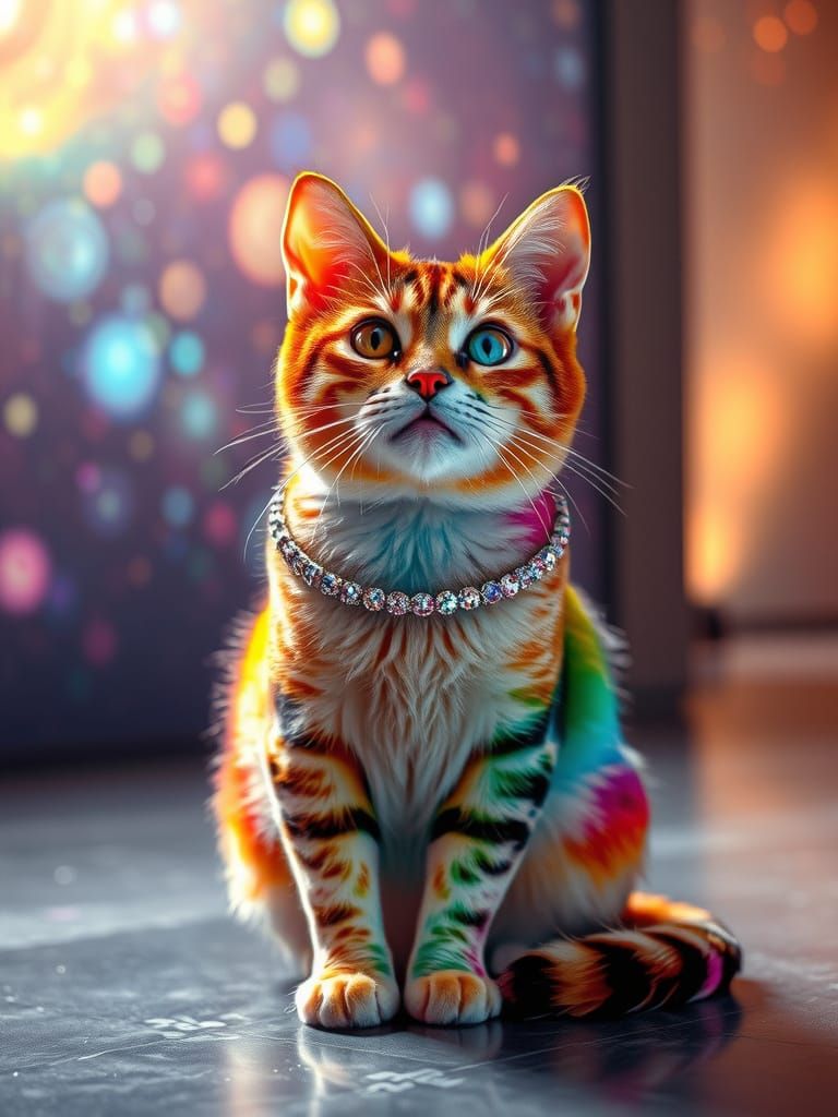 A studio photo of a rainbow coloured cat