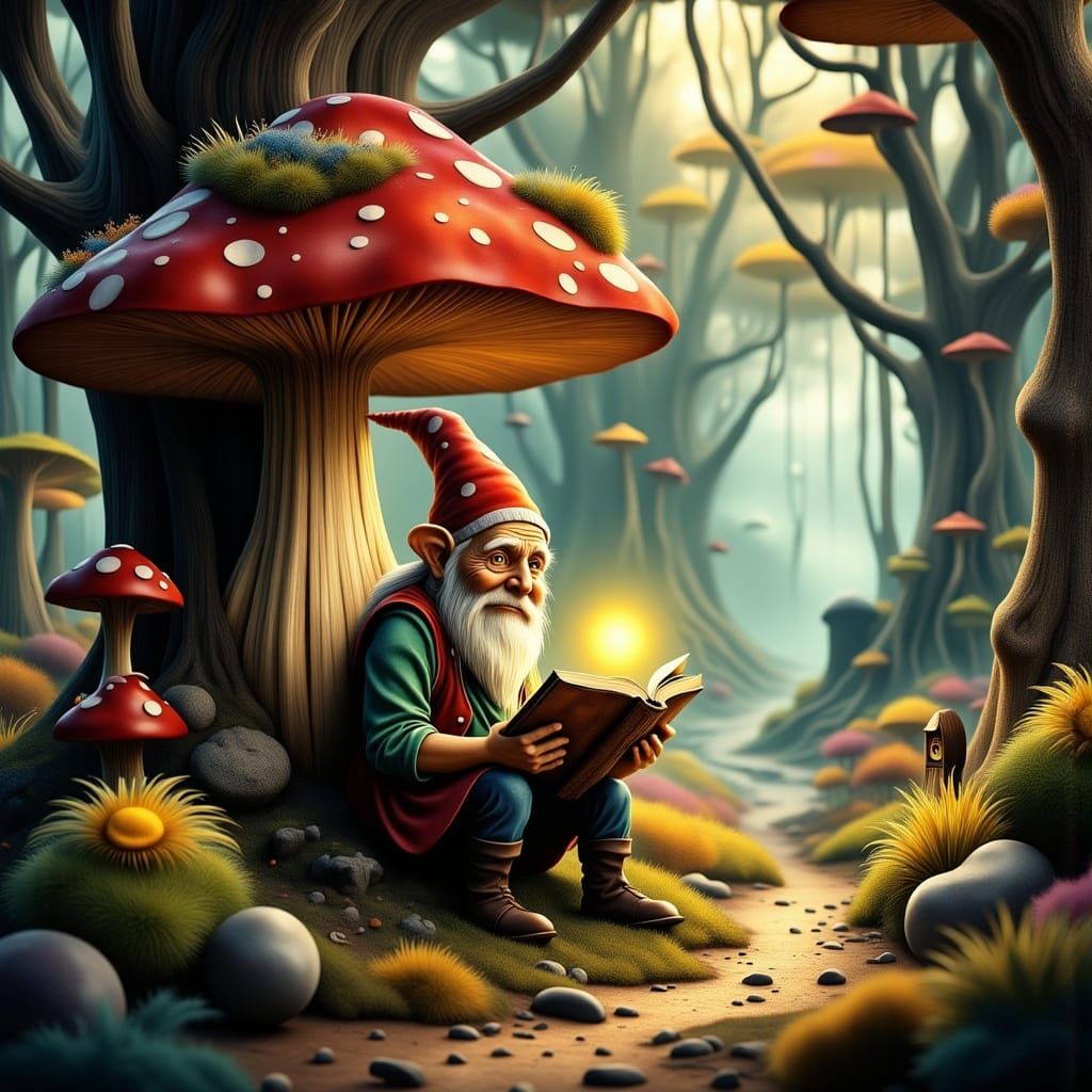Gnome Reads Book in Enchanted Forest