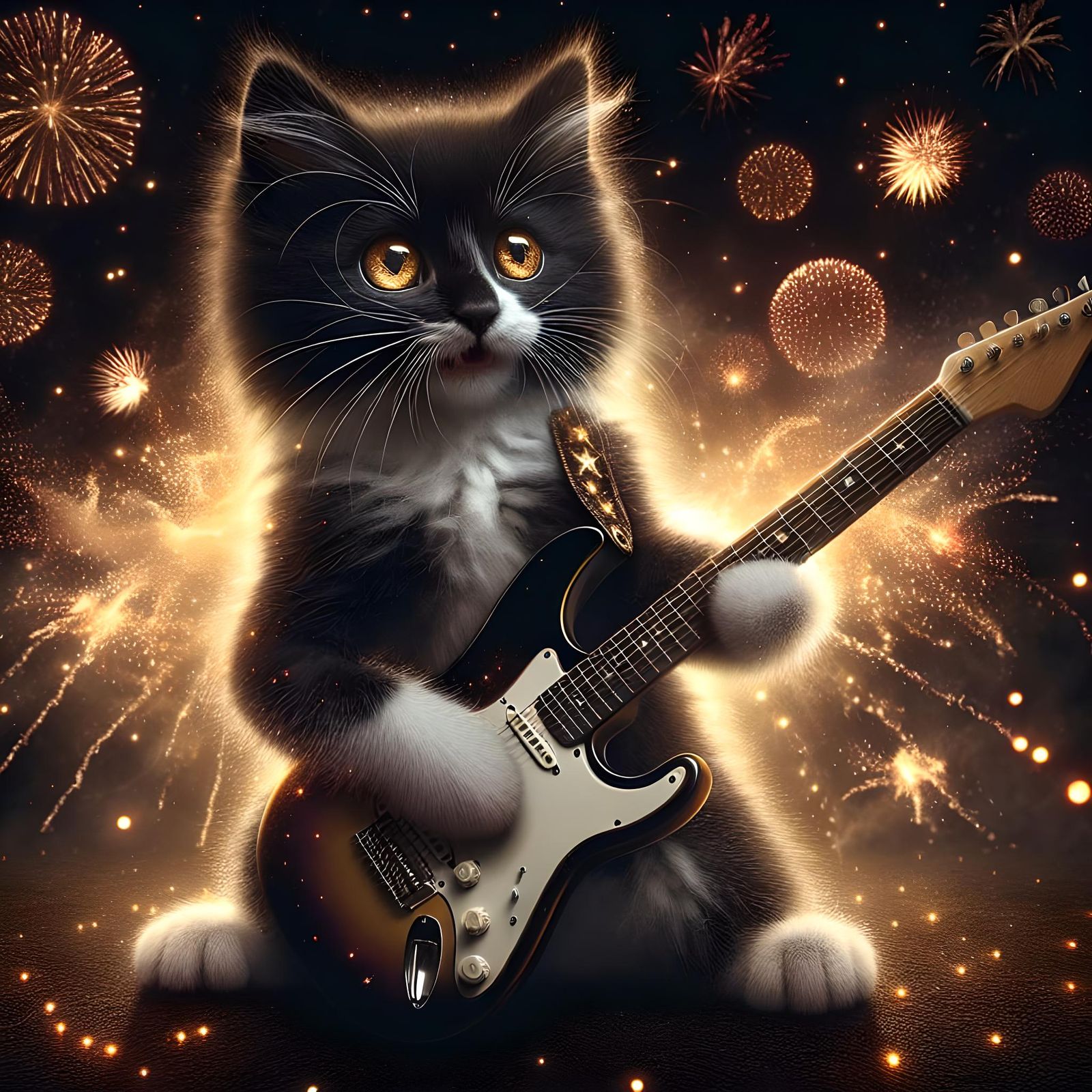 Kitten Plays Guitar in Fireworks Display