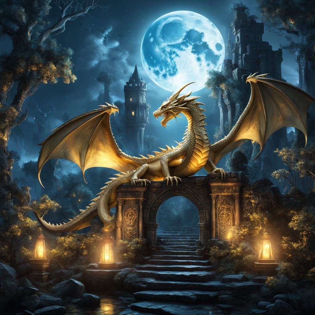 Majestic Gold Dragon on Ancient Ruins in Mystical Forest