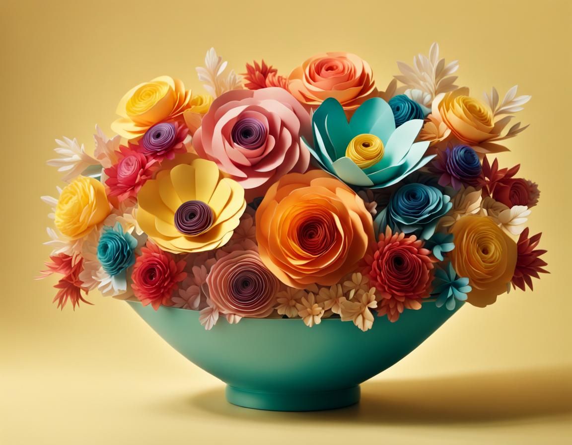 a bowl of paper flowers
