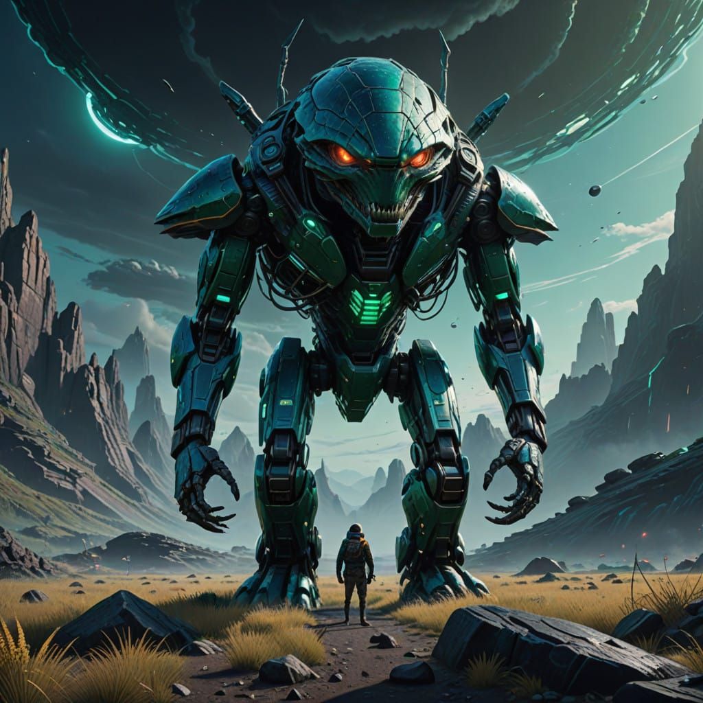 Reptilian Alien Ruler in a Dark, Otherworldly Landscape