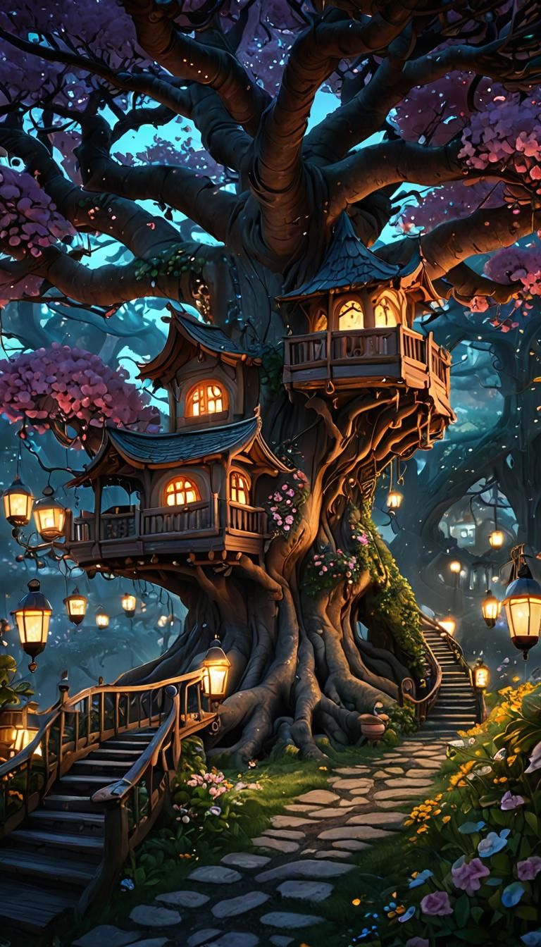 Whimsical Treehouse in Animax Style Illustration