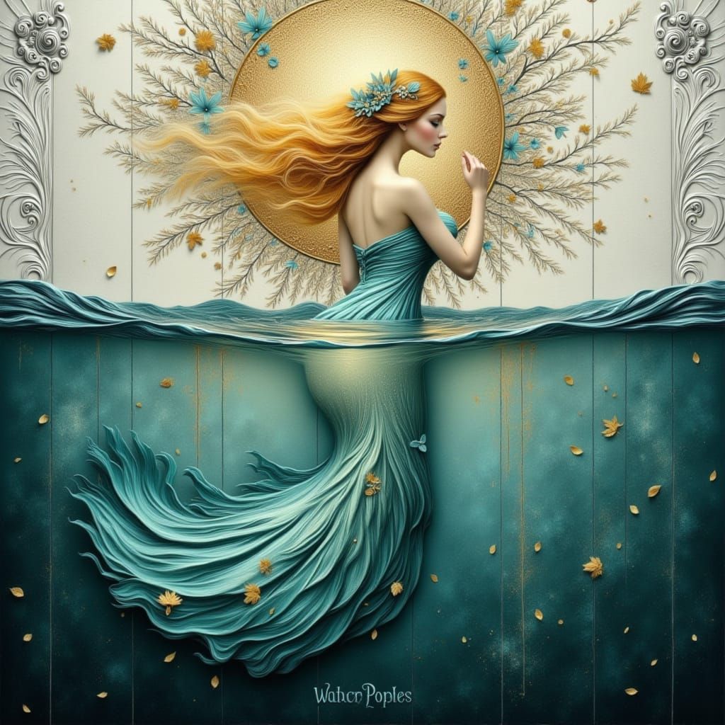 Water Nymph Emerges in Klimt Style with Gold Leaf