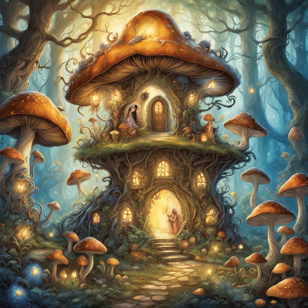 Whimsical Mushroom House in a Bioluminescent Forest