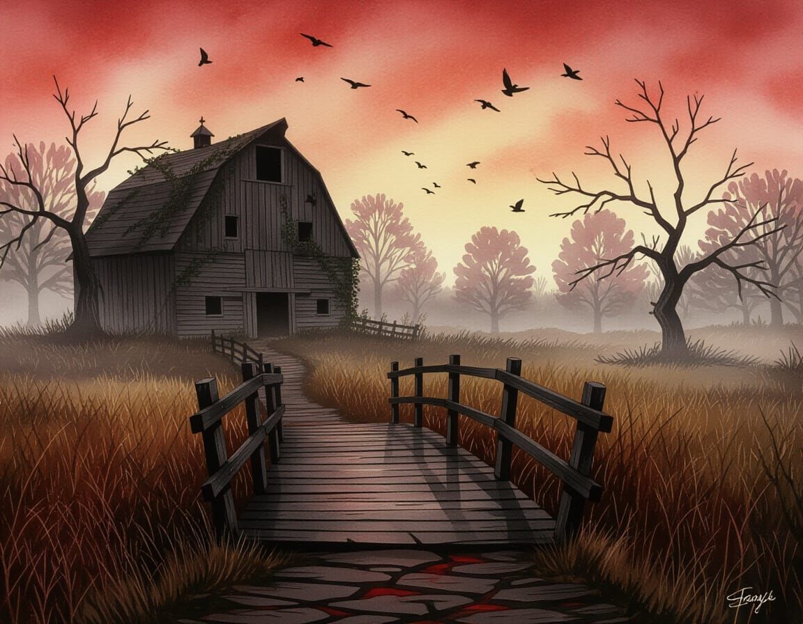 Autumn Meadow Bridge in Gothic Watercolor Style