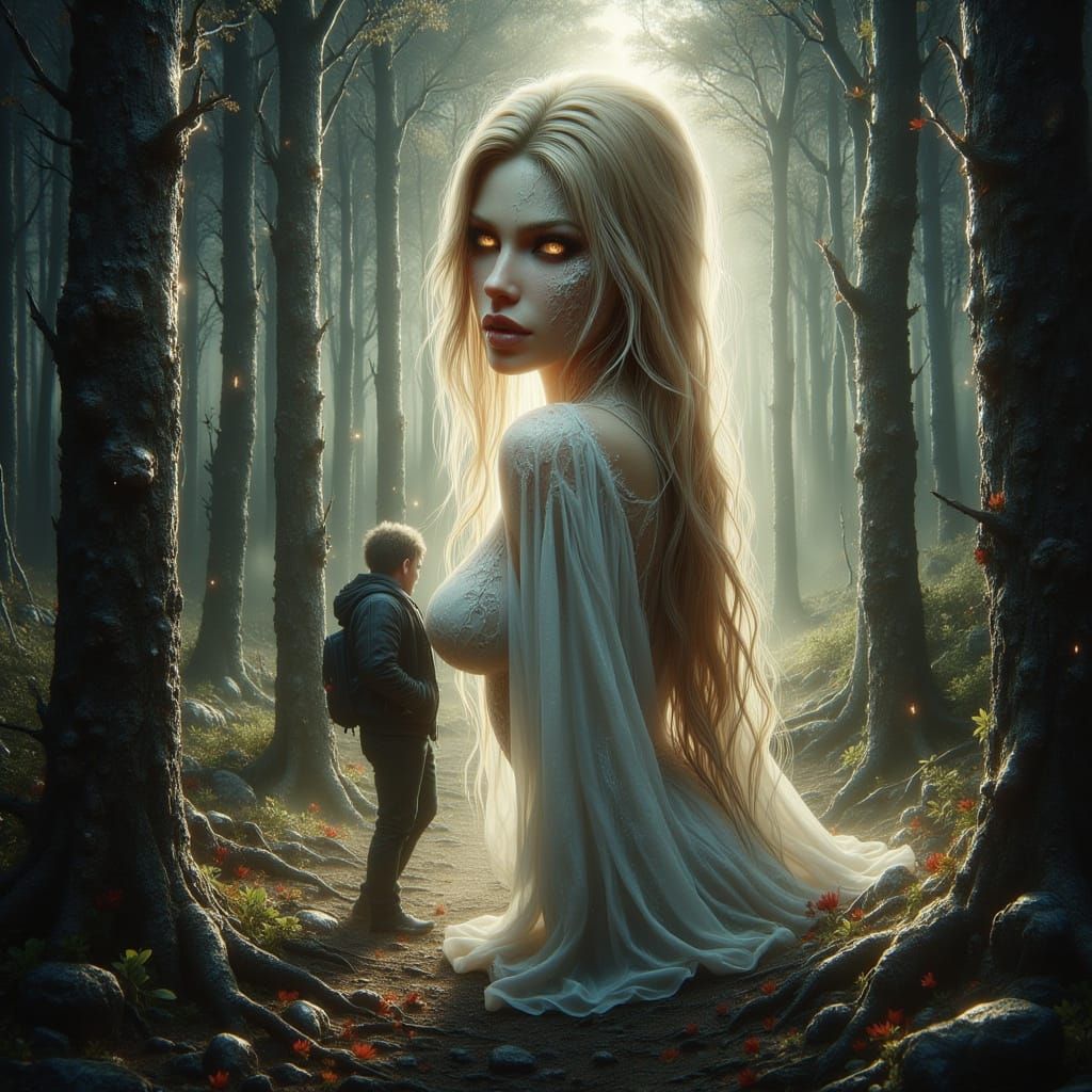 Giant Blonde Woman Eats Man in Surreal Forest
