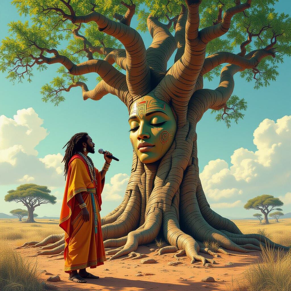 Jabari Sings to Baobab Tree in Surreal Style