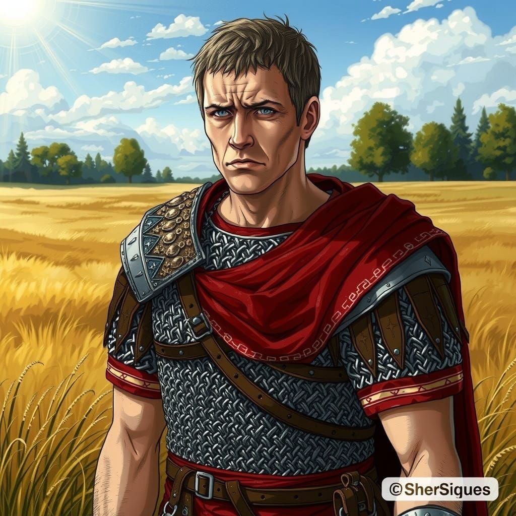 Vigilant Roman Warrior in Anime-Inspired Landscape