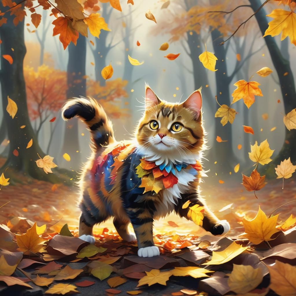 Cute Cat in Autumn Leaves: Whimsical Fantasy Art