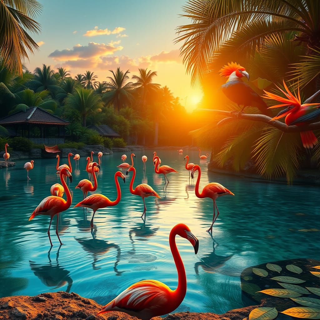 Vibrant Flamingos in Tranquil Paradise