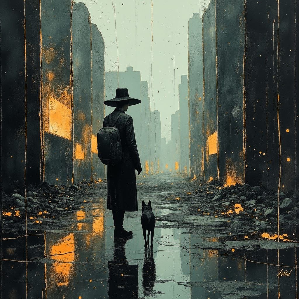 Lone Man and Dog in Rain-Soaked Cityscape