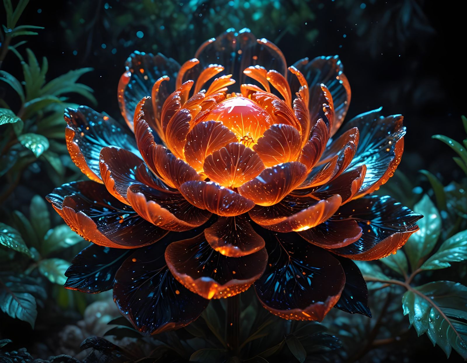 Glowing Bioluminescent Peony in Dark Forest