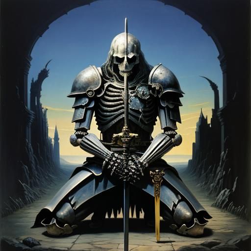 Surreal Skeletal Knight's Eternal Vigil in Oil