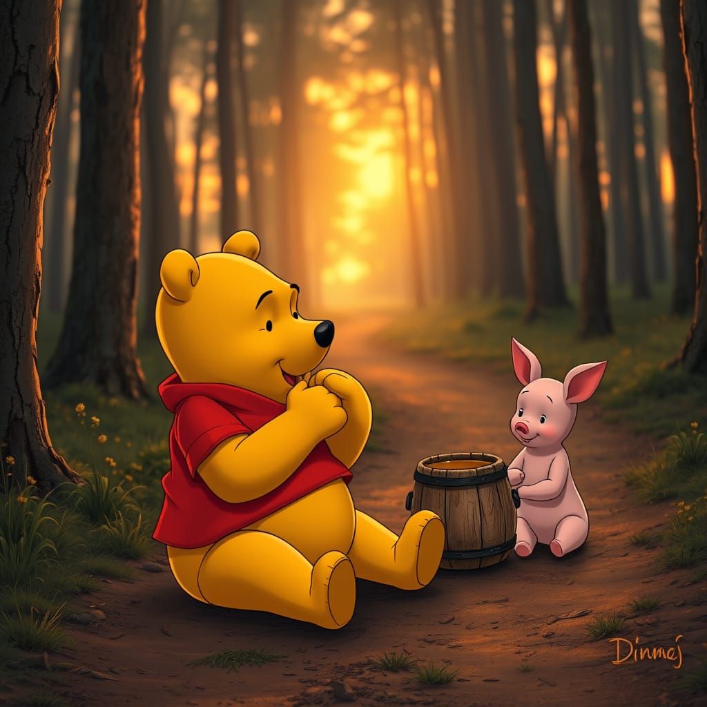 Winnie the Pooh and Piglet in Realistic Forest Scene