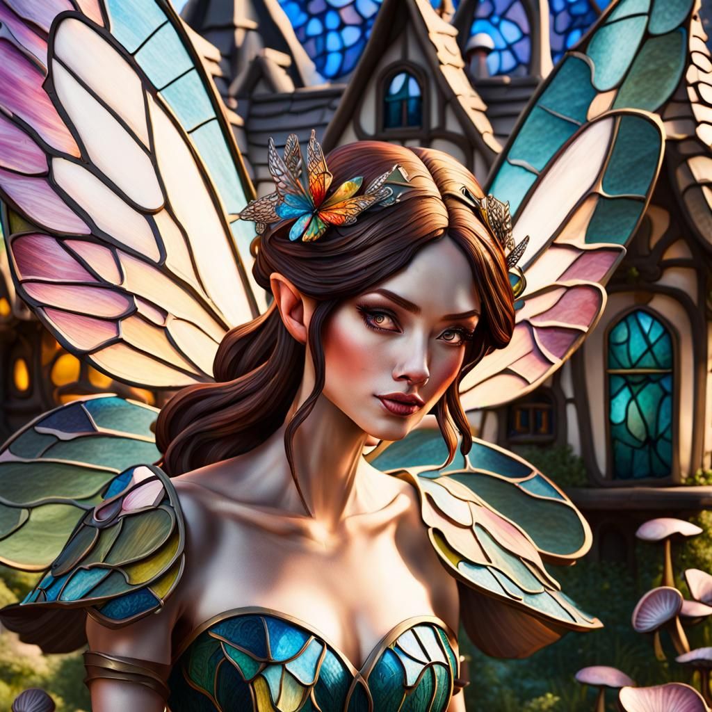 Fairy with Stained Glass Wings in Enchanted Village