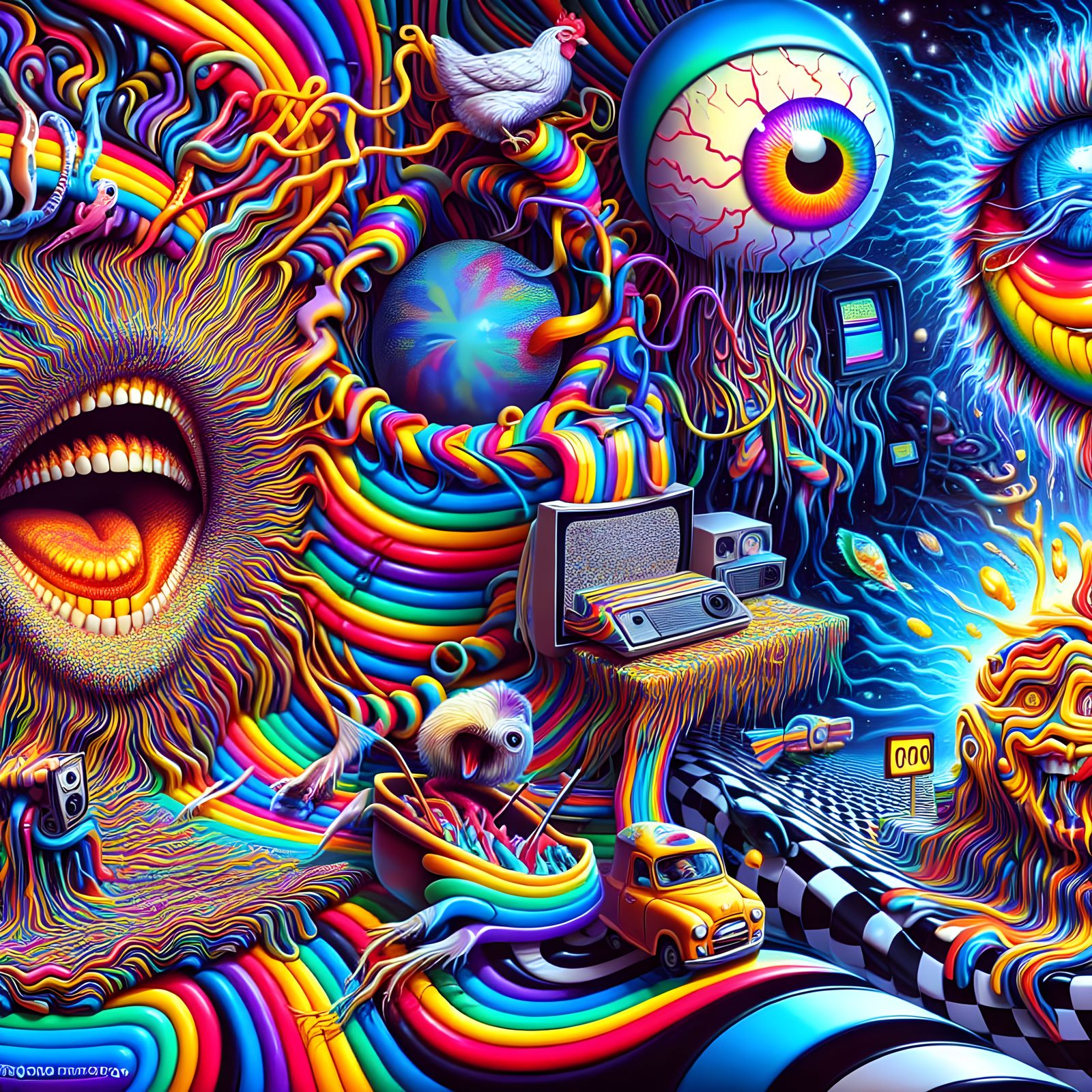 Vivid Fever Dream of Grinning Chaos in Neon Spaghetti Landsc...