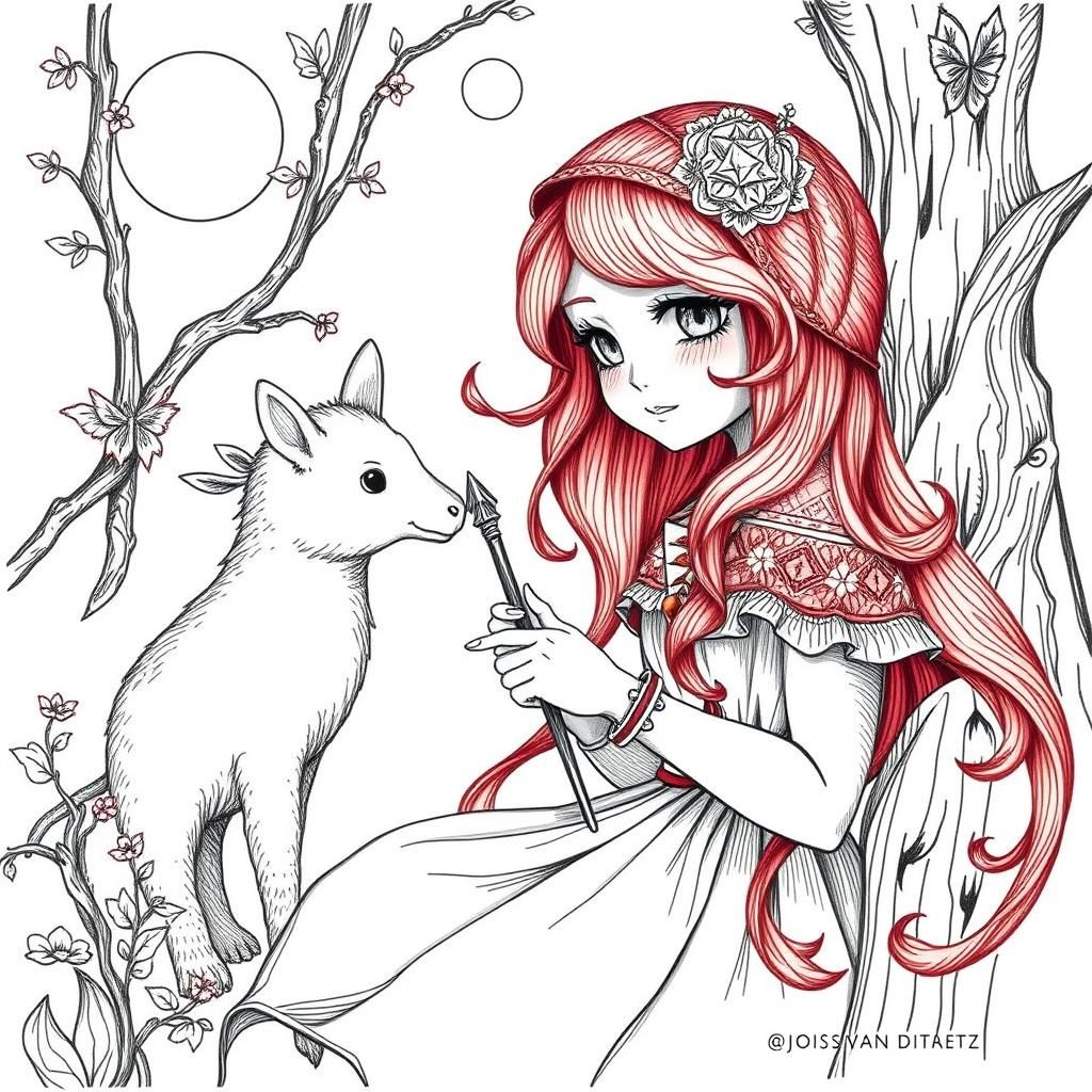 Aetherpunk Little Red Riding Hood Zentangle Drawing