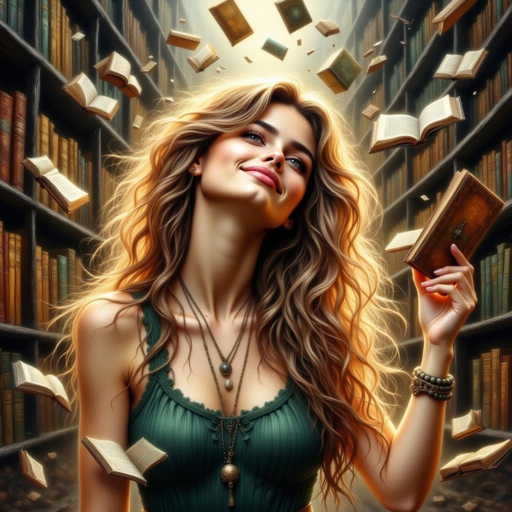 Woman in Library Surrounded by Floating Books