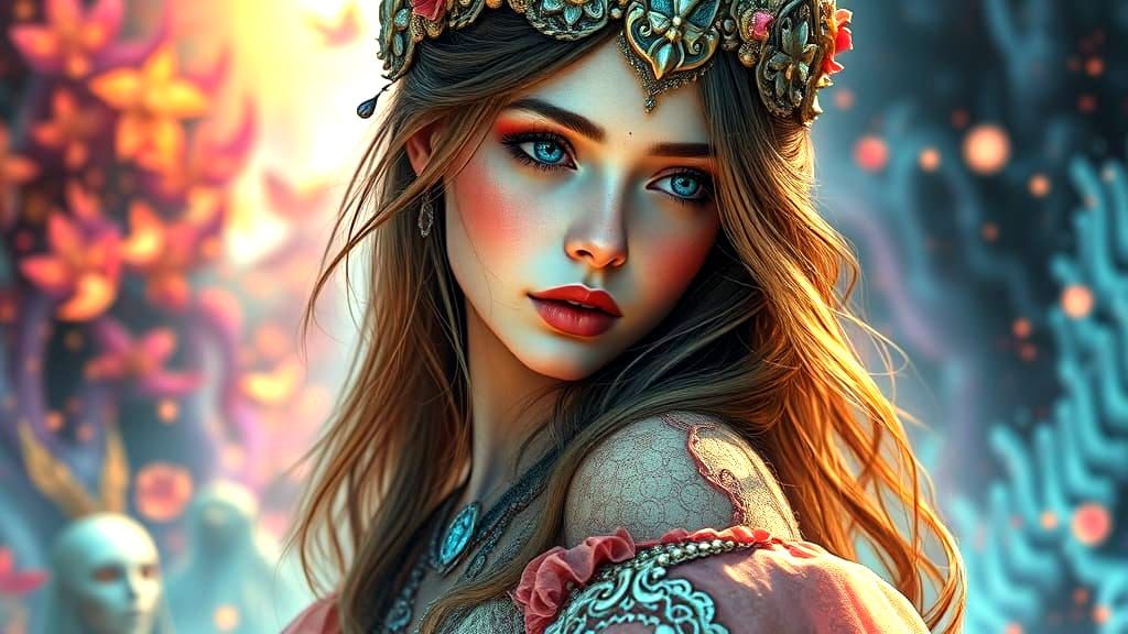 Intricate Fantasy Girl Portrait with Dreamlike Backdrop