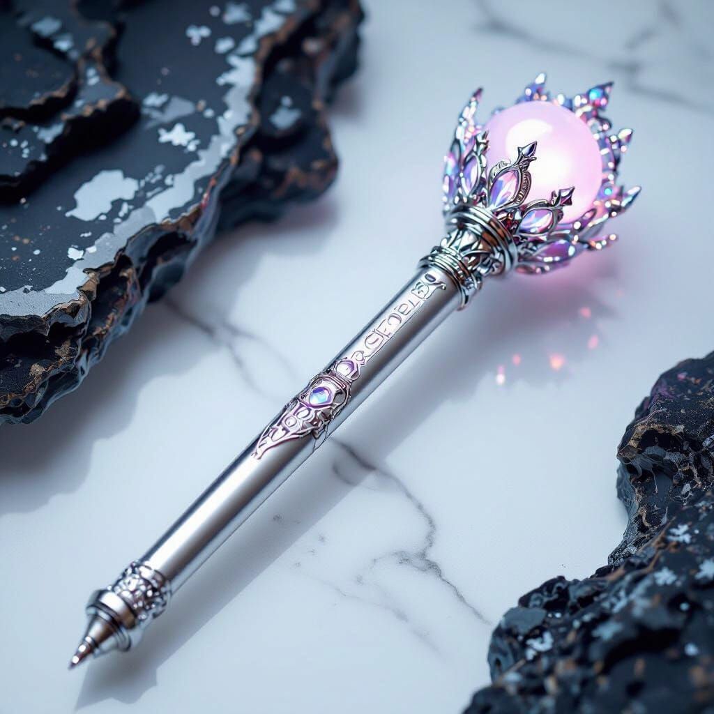 Silver Runed Stick with Crystal Crown, Elegant Design