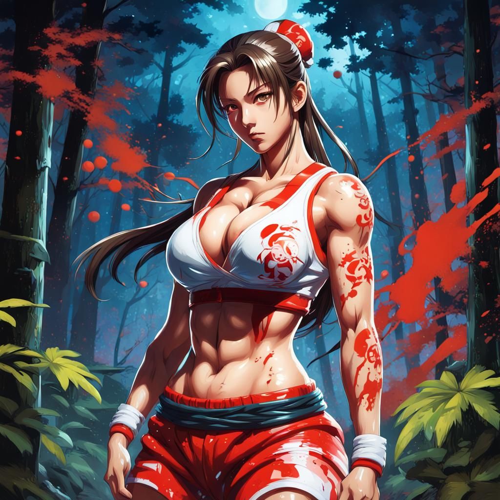 Mai Shiranui Graffiti Art in a Forest at Night