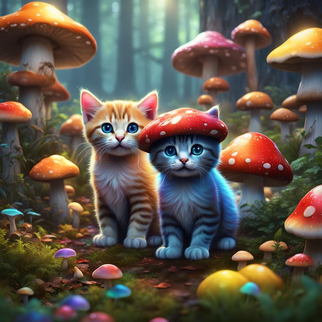 Kittens in a Rainbow Sparkle Mushroom Forest