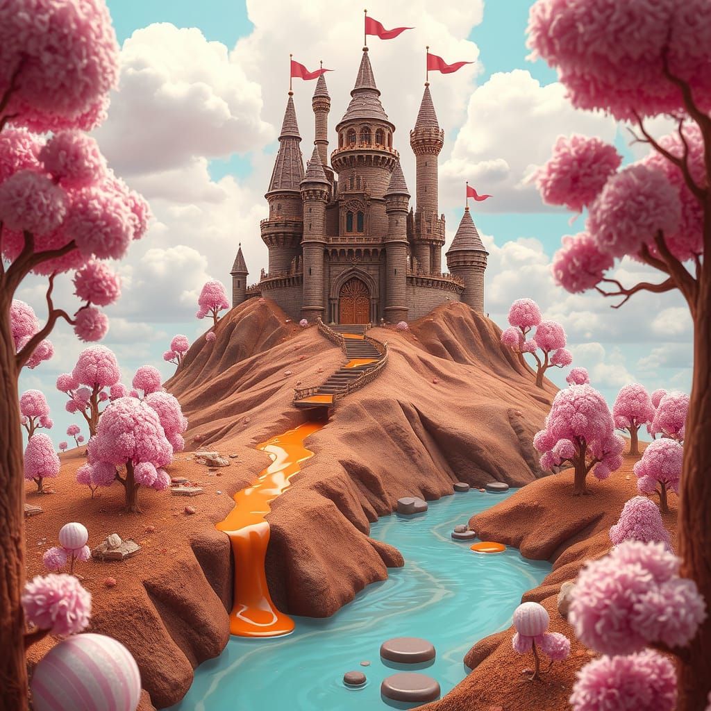 Whimsical Chocolate Castle with Caramel Rivers and Candy Flo...