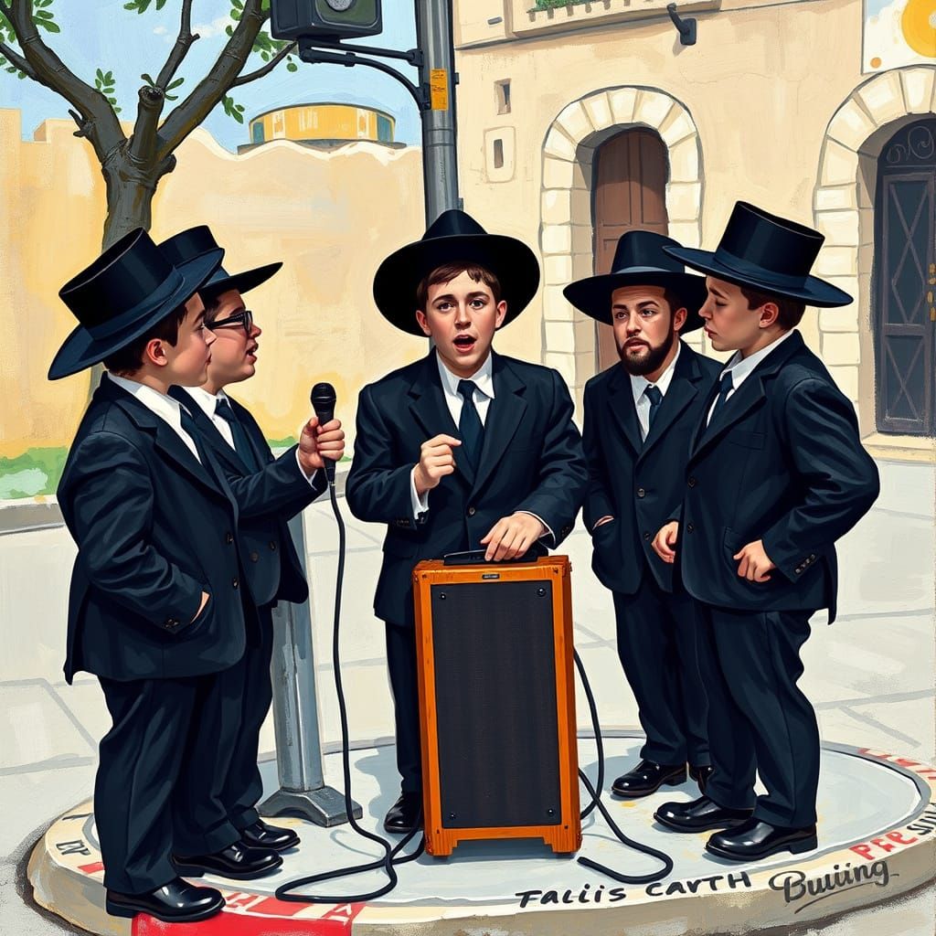 Hasidic Teens Singing in Jerusalem, Expressive Art Style