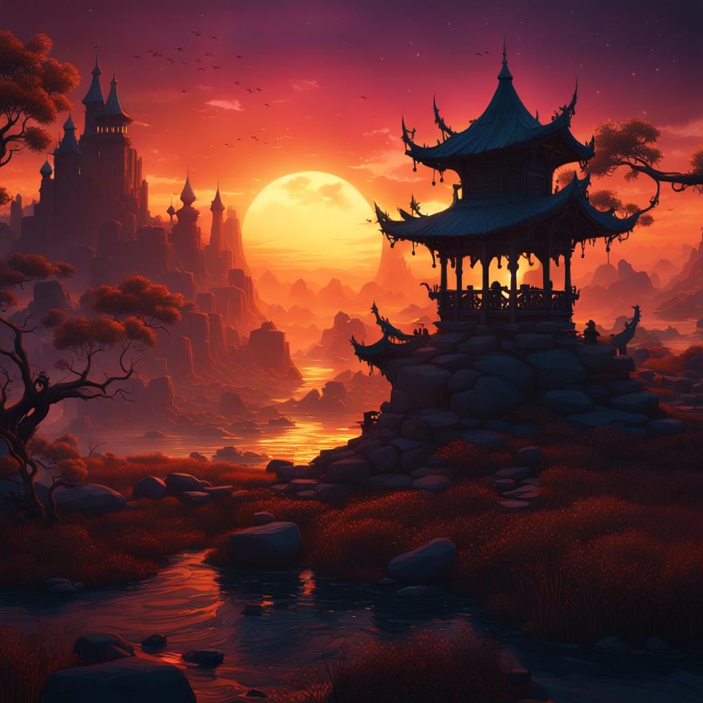 Sunset Silhouette in Detailed Matte Painting Style