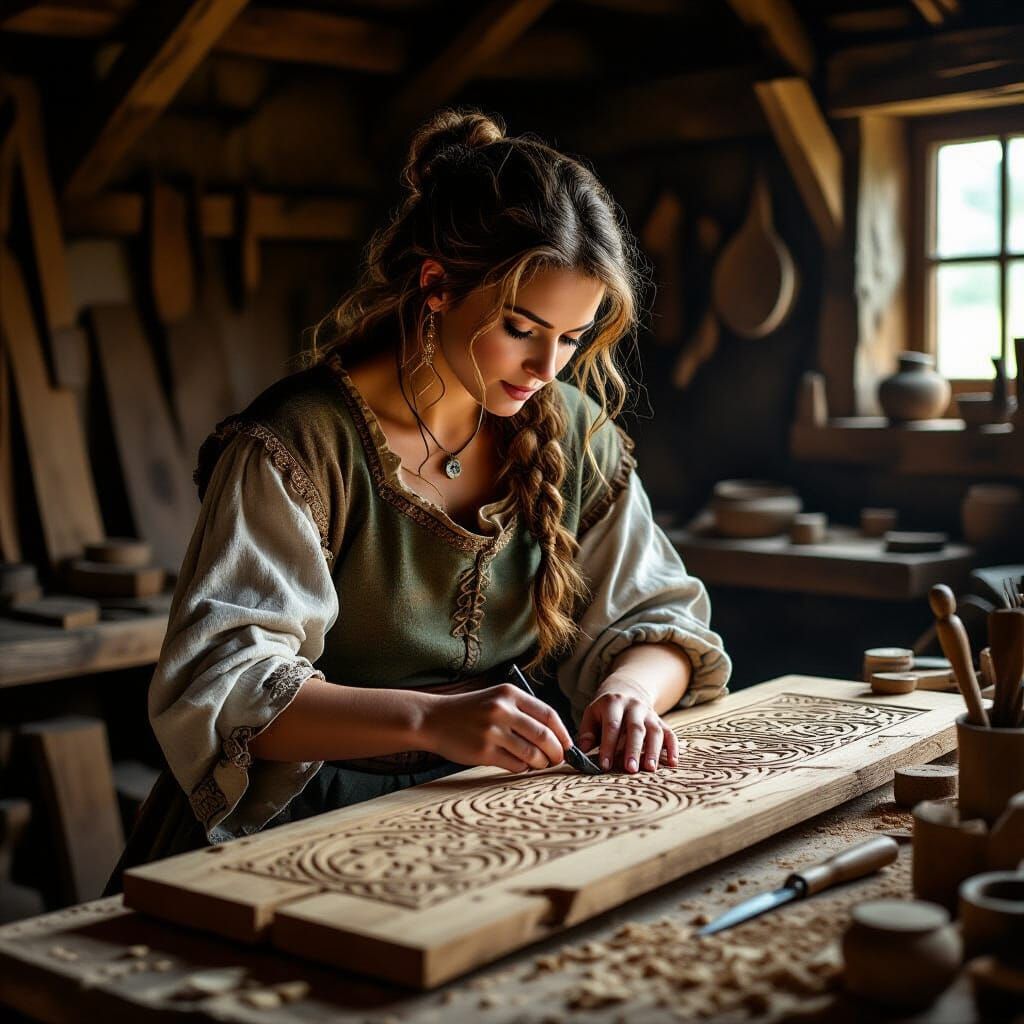 Medieval Woman Woodcarver in Fantasy Art Style