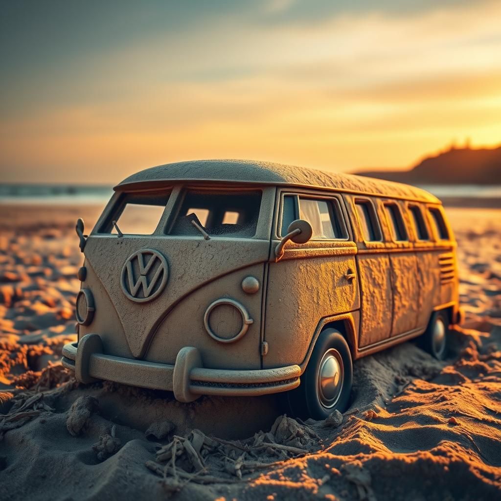 Lifelike VW Bus Sandcastle at Dusk
