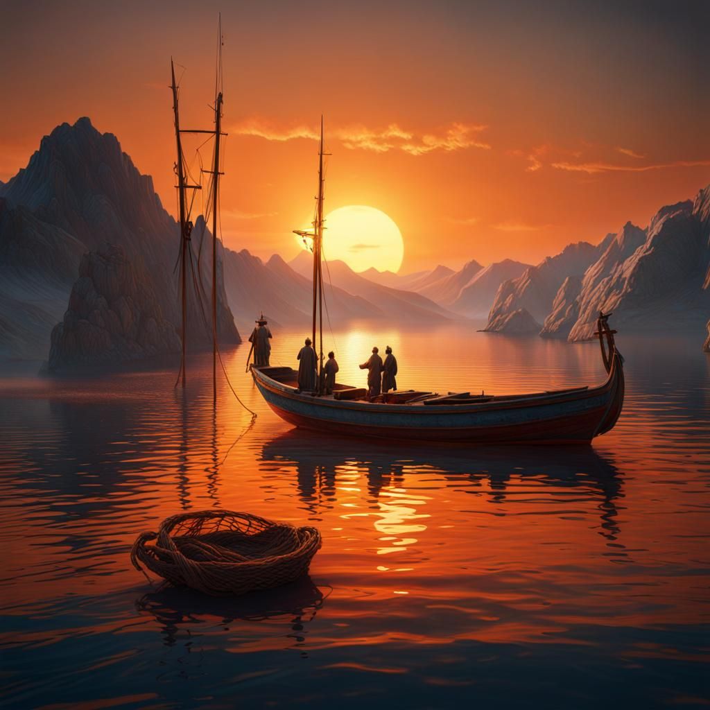 Greek Fishing Boats at Sunrise: Detailed Matte Painting