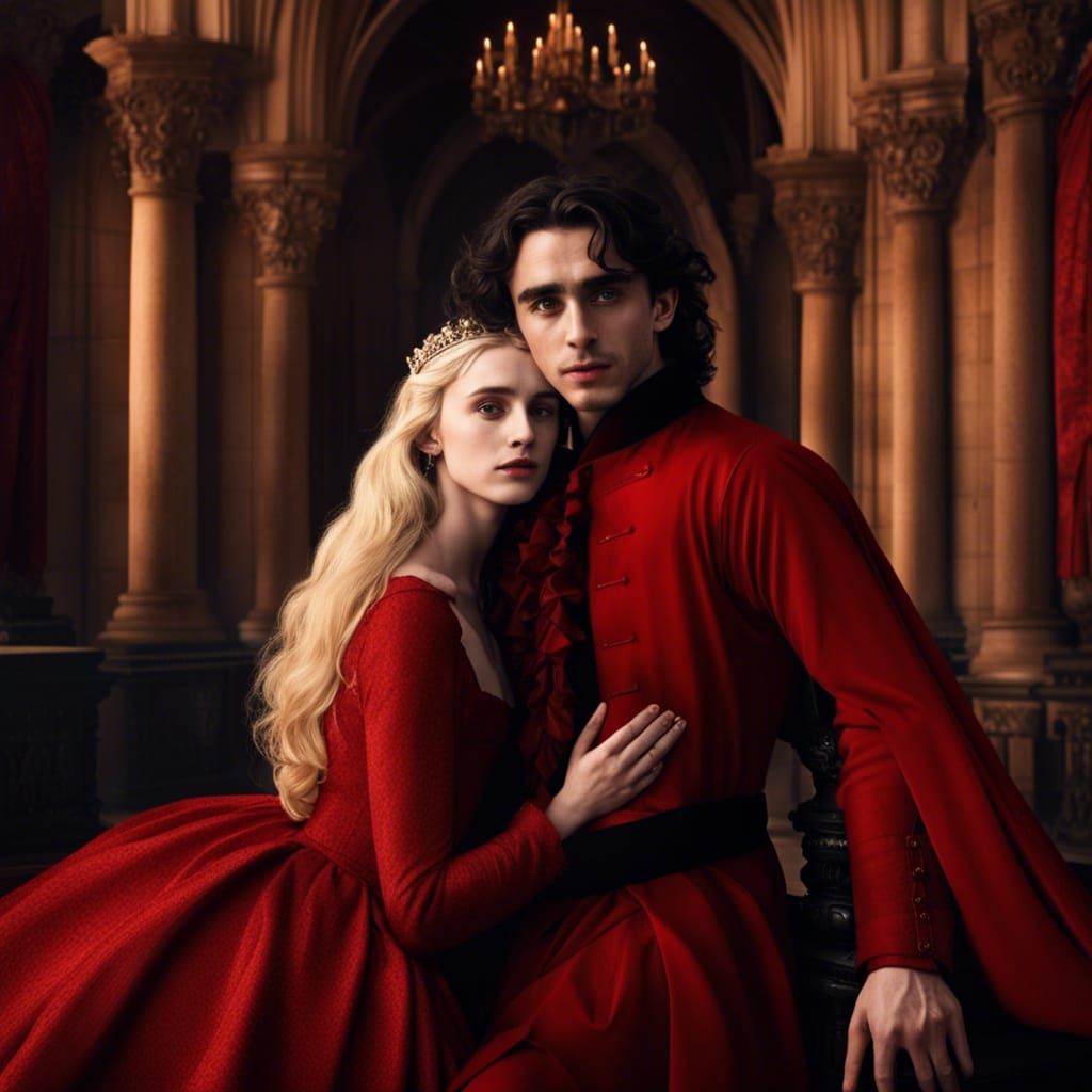 Vampire Couple Embrace in Royal Castle Hall