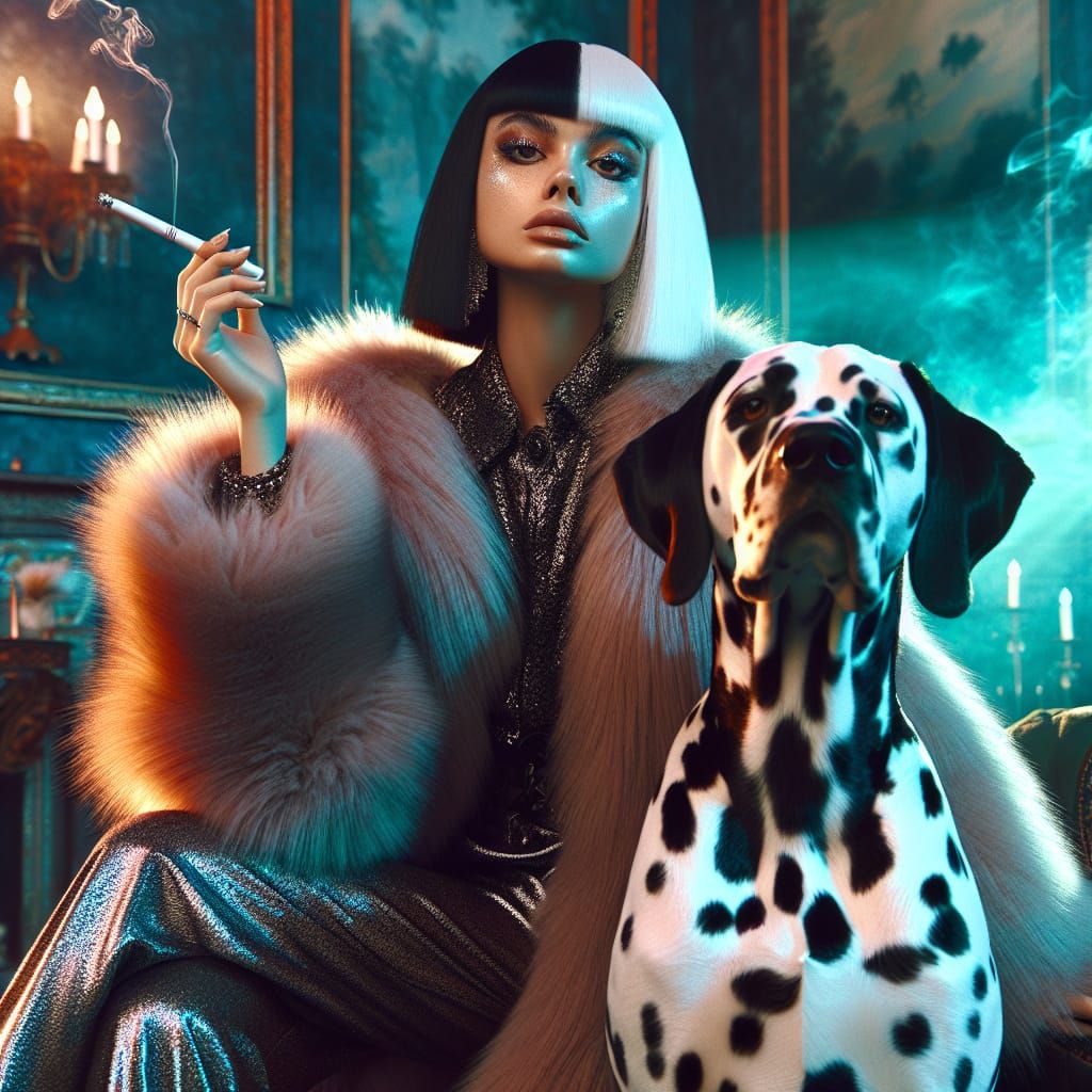 Stylish Woman with Spotted Dog in Opulent Setting