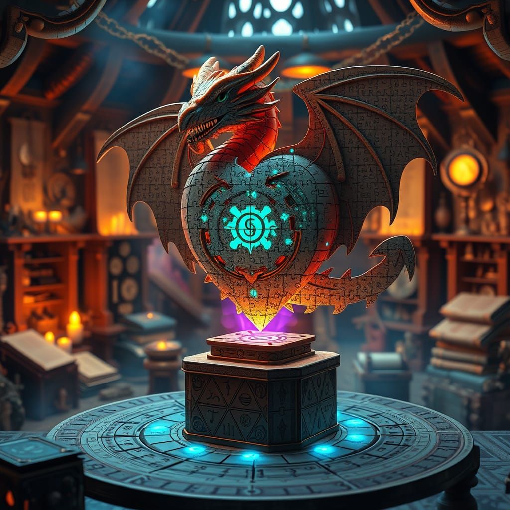Assembling Dragon-Heart Engine Puzzle in Magical Workshop