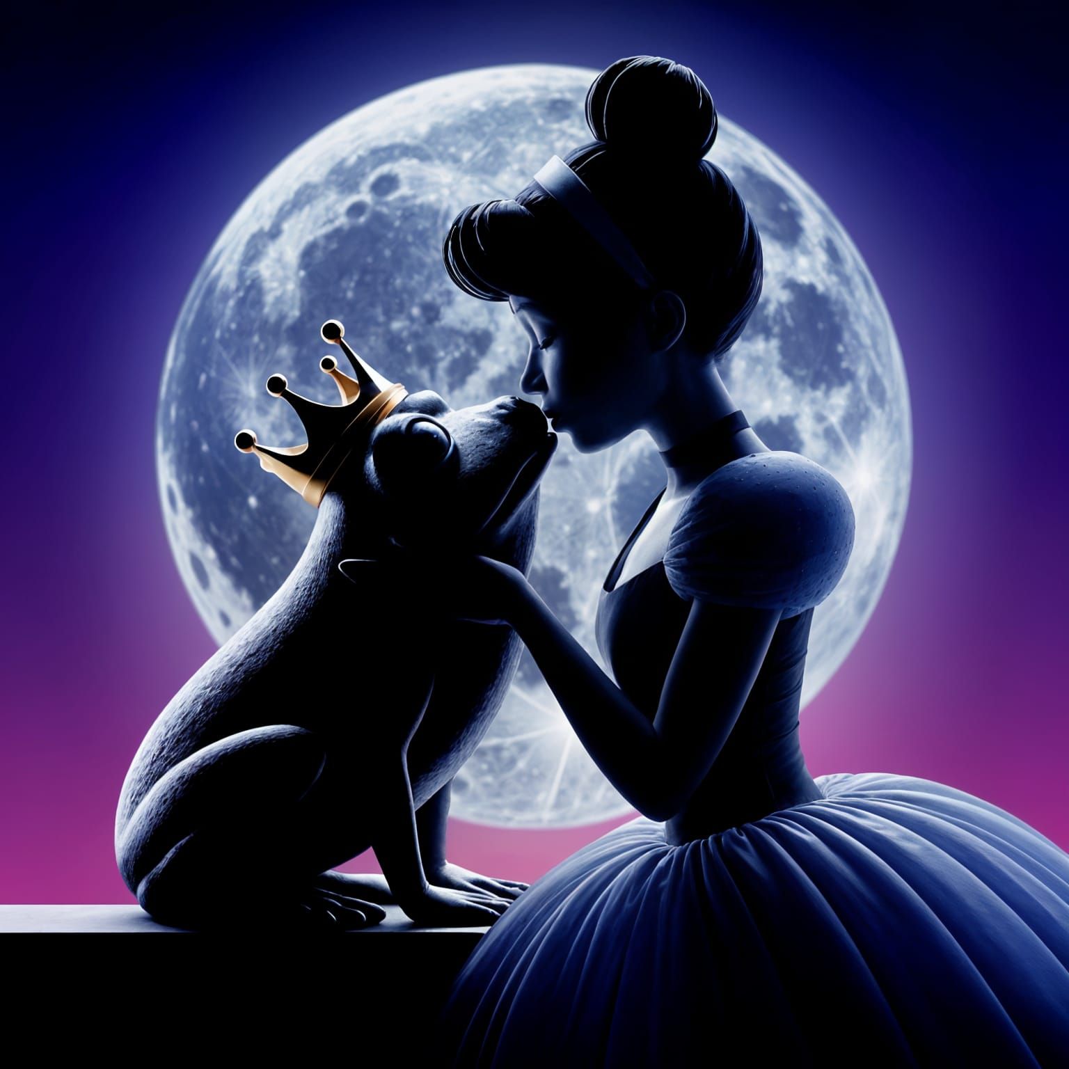 Princess and Frog Silhouette Kiss Under Giant Moon