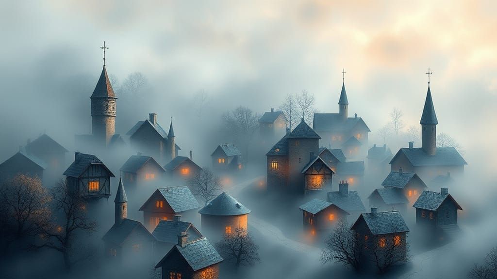 Mystical Village in Whimsical Fog with Expressive Brushstrok...