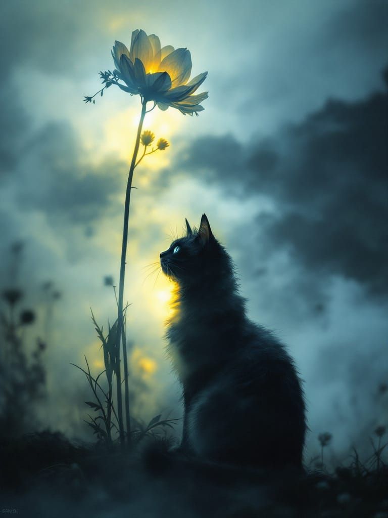 Mysterious Cat in Glowing Fog and Ethereal Light