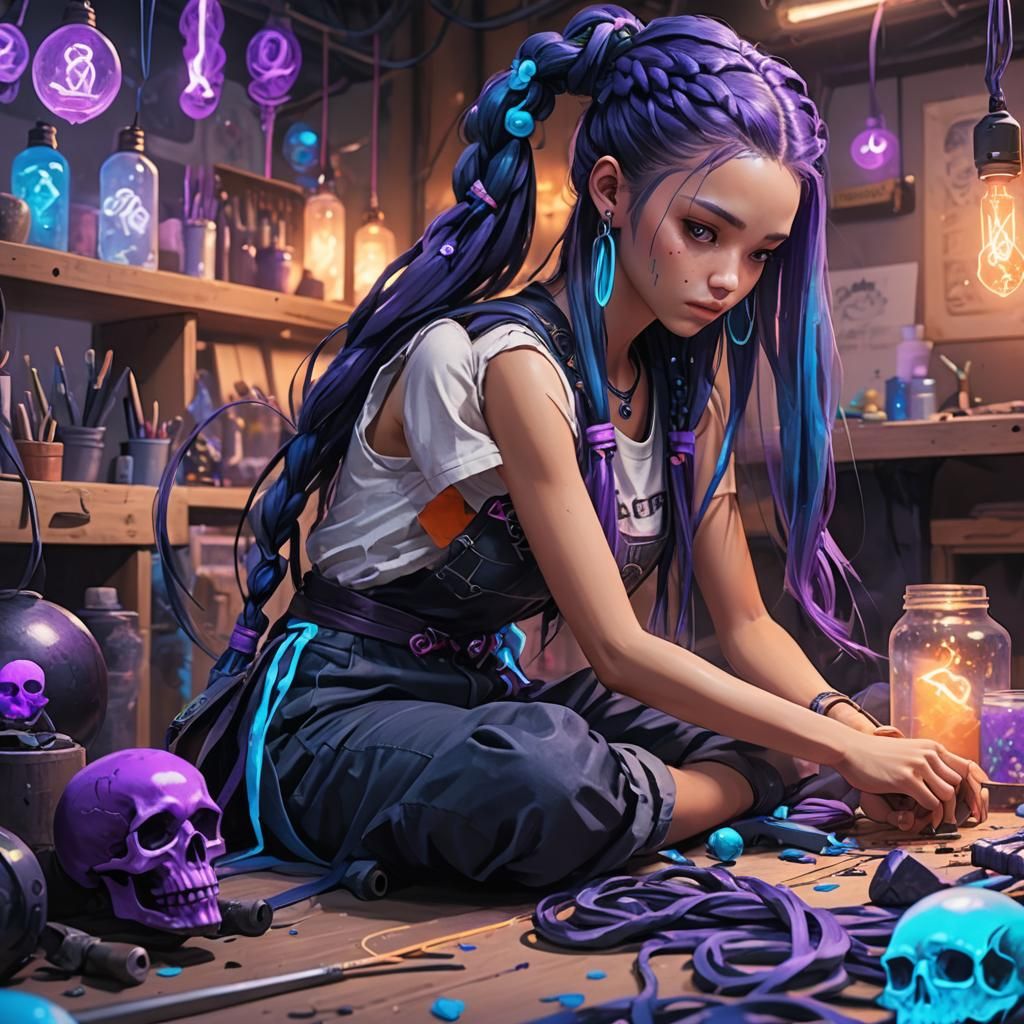 Girl Crafting Skull Bombs Anime Style