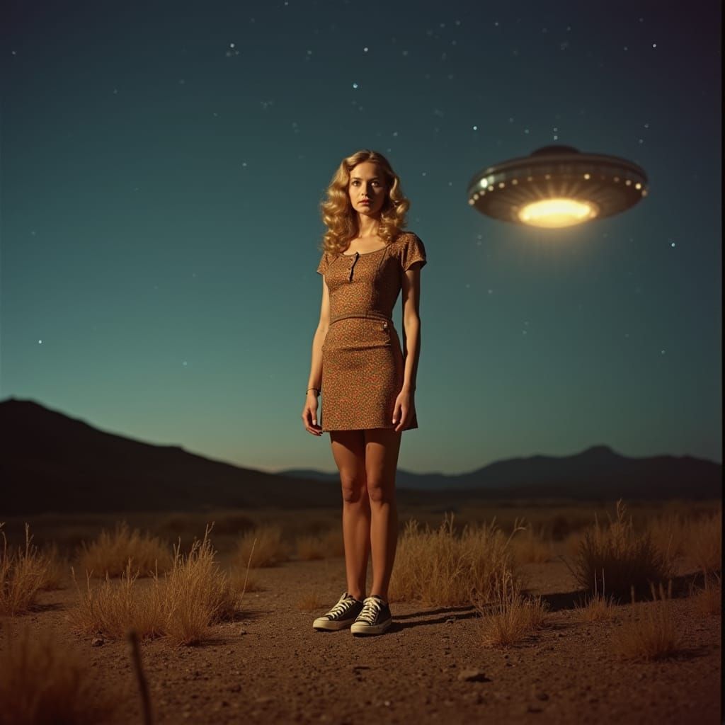 Woman Observes UFO in Rural Landscape
