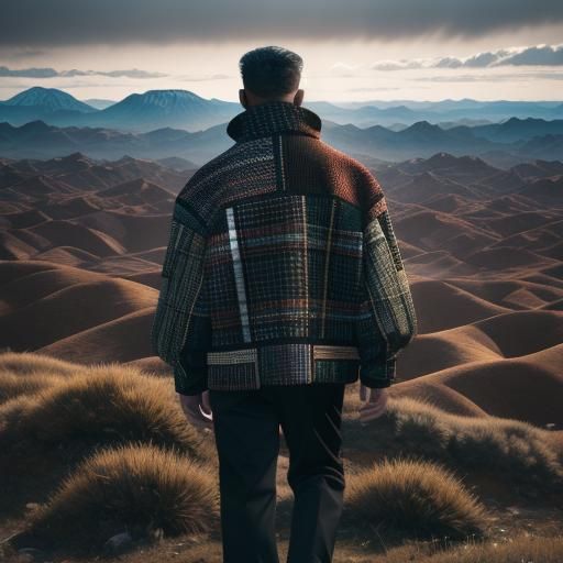 Plaid Fabric Landscape with Figure in Cyberpunk Style