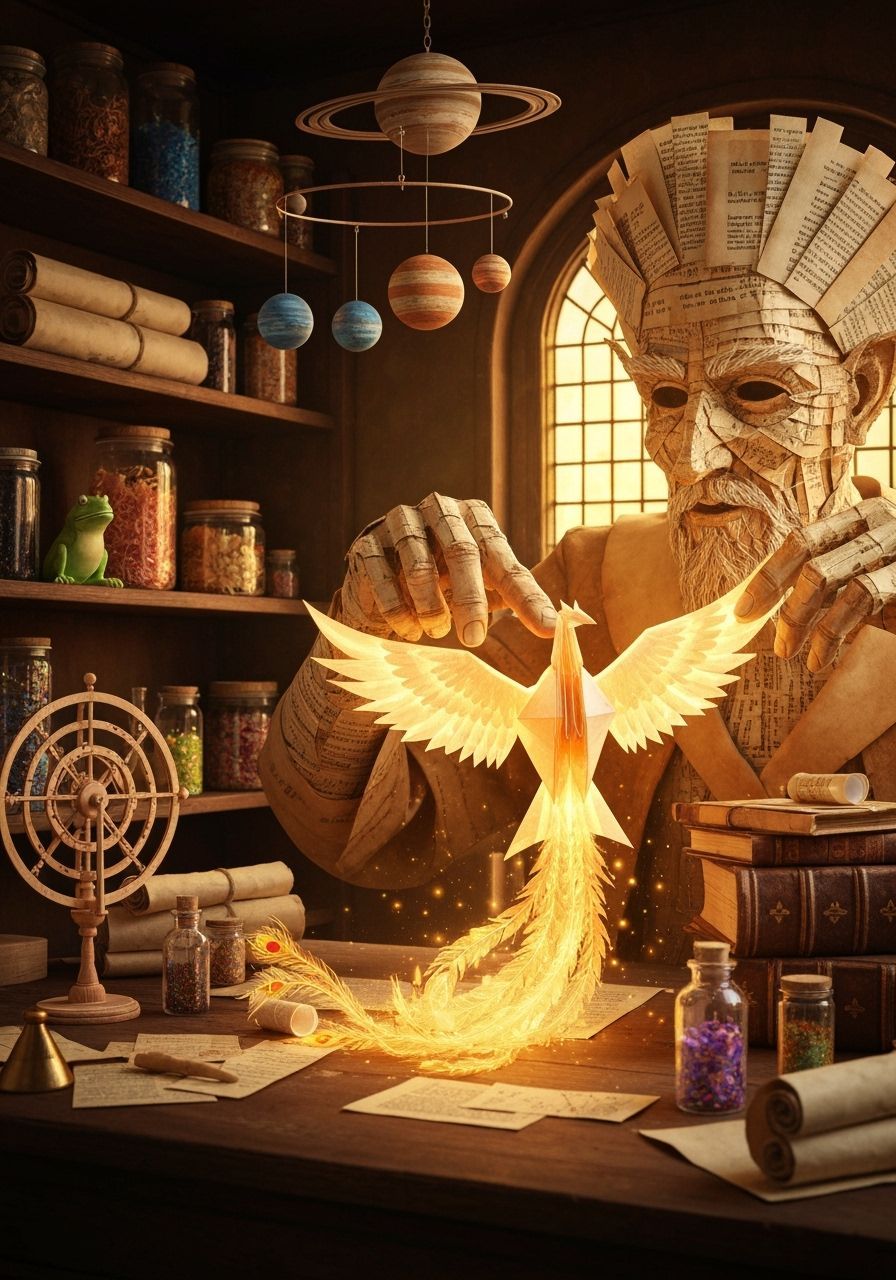 Alchemist's Hands Fold Paper Phoenix into Light