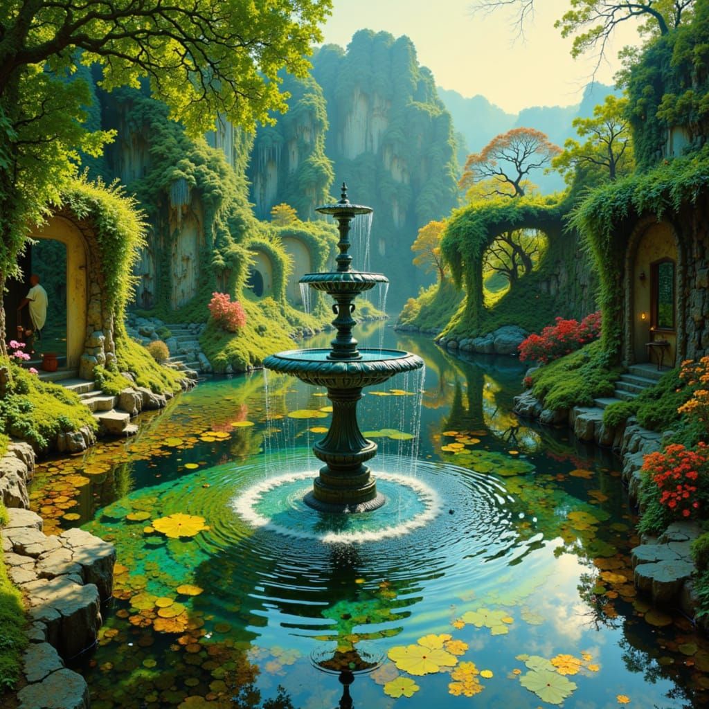 Imperial Fountain in Garden Scenery with Pond